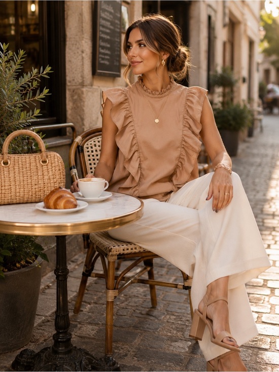 Deluc Tops - Deluc Ruffled Sleeveless Blouse in Camel